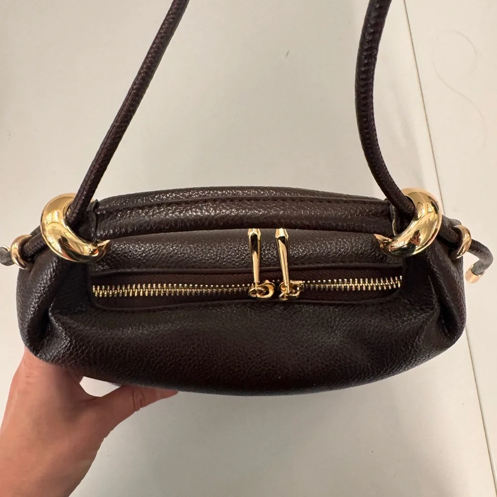 Dark Brown Pebbled Shoulder Bag with Gold Hardware